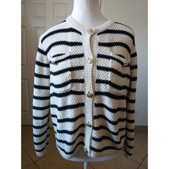 Dazy Womens Cardigan Sweater White Black Striped Size Medium Button Pockets - Picture 4 of 16